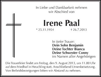 Traueranzeige von Irene Paal von Pegnitz-Zeitung